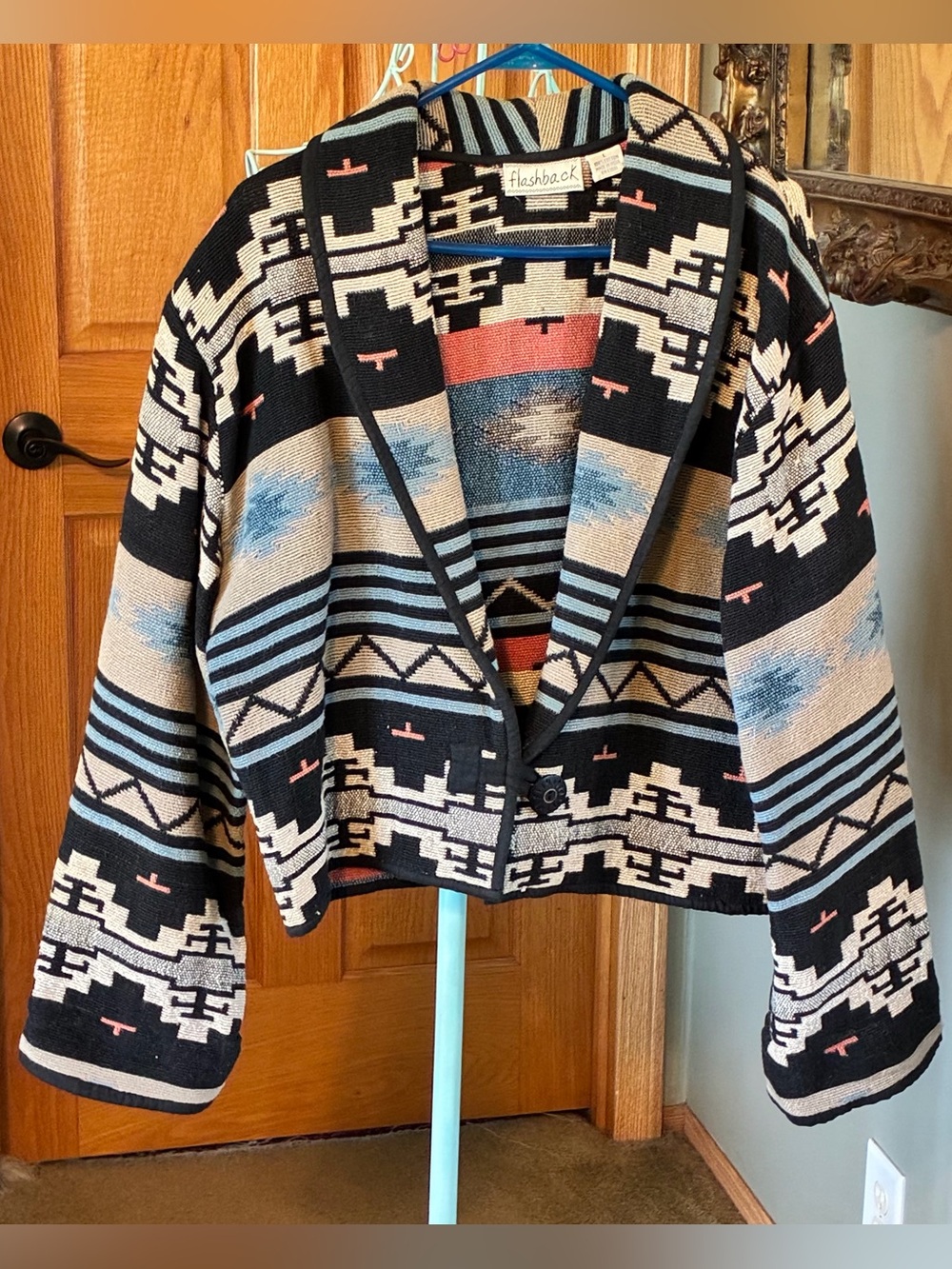 Vintage Flashback BOHO Aztec Western Cropped Cotton Tapestry Blazer Jacket Sz L